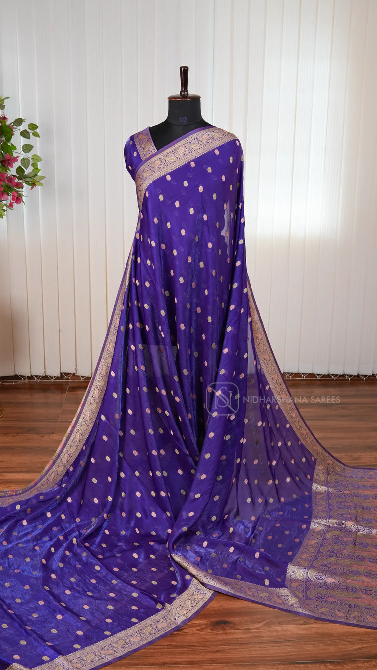 Glass Organza Saree With Meena Butta And Meena Border