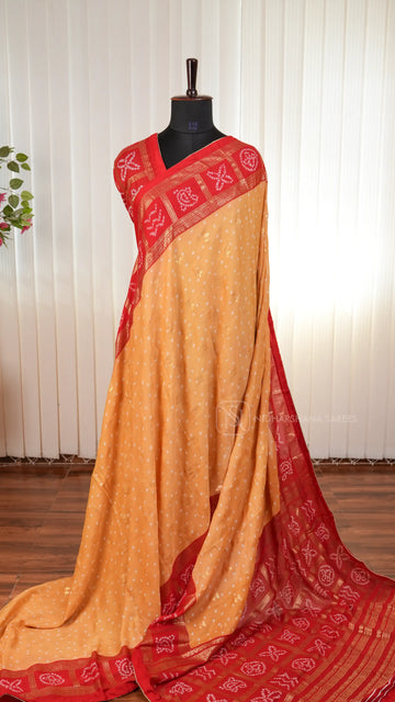Semi Georgette Saree With Bandhej And Foil Print Butta Concept