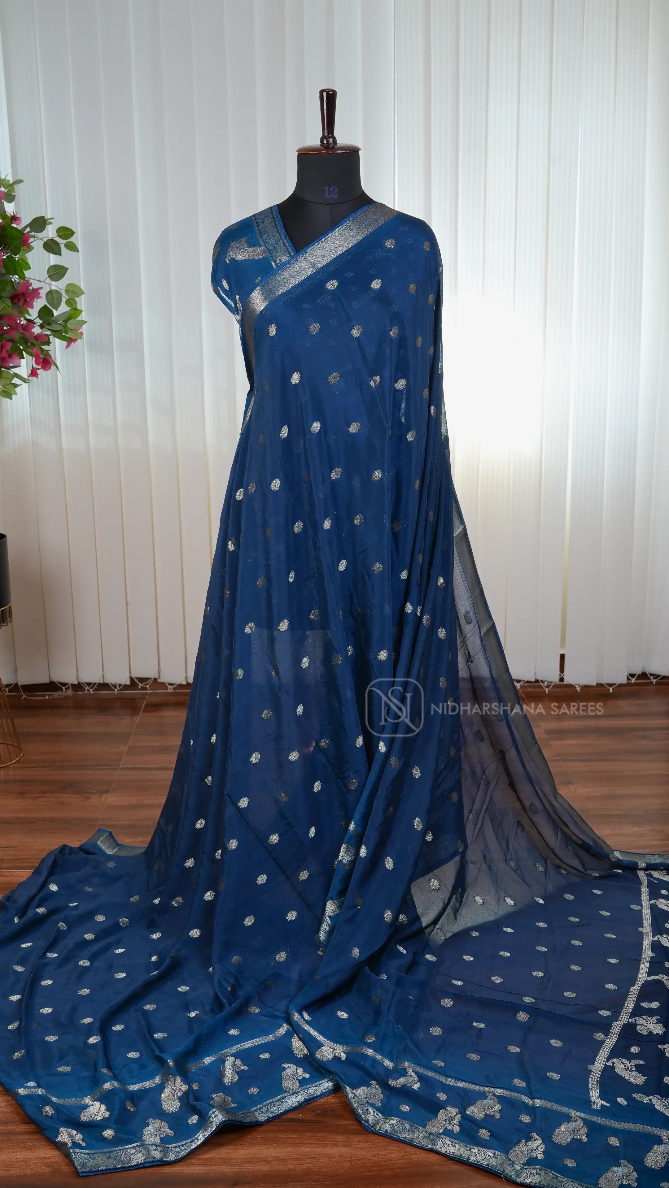 Premium Crepe Silk Saree With Zari Butta And Peacock Butta Border