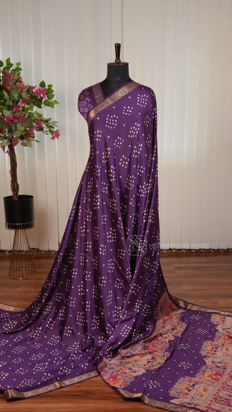 Semi Satin Silk Saree With Bandhini Print And Foil Mirror Work Concept