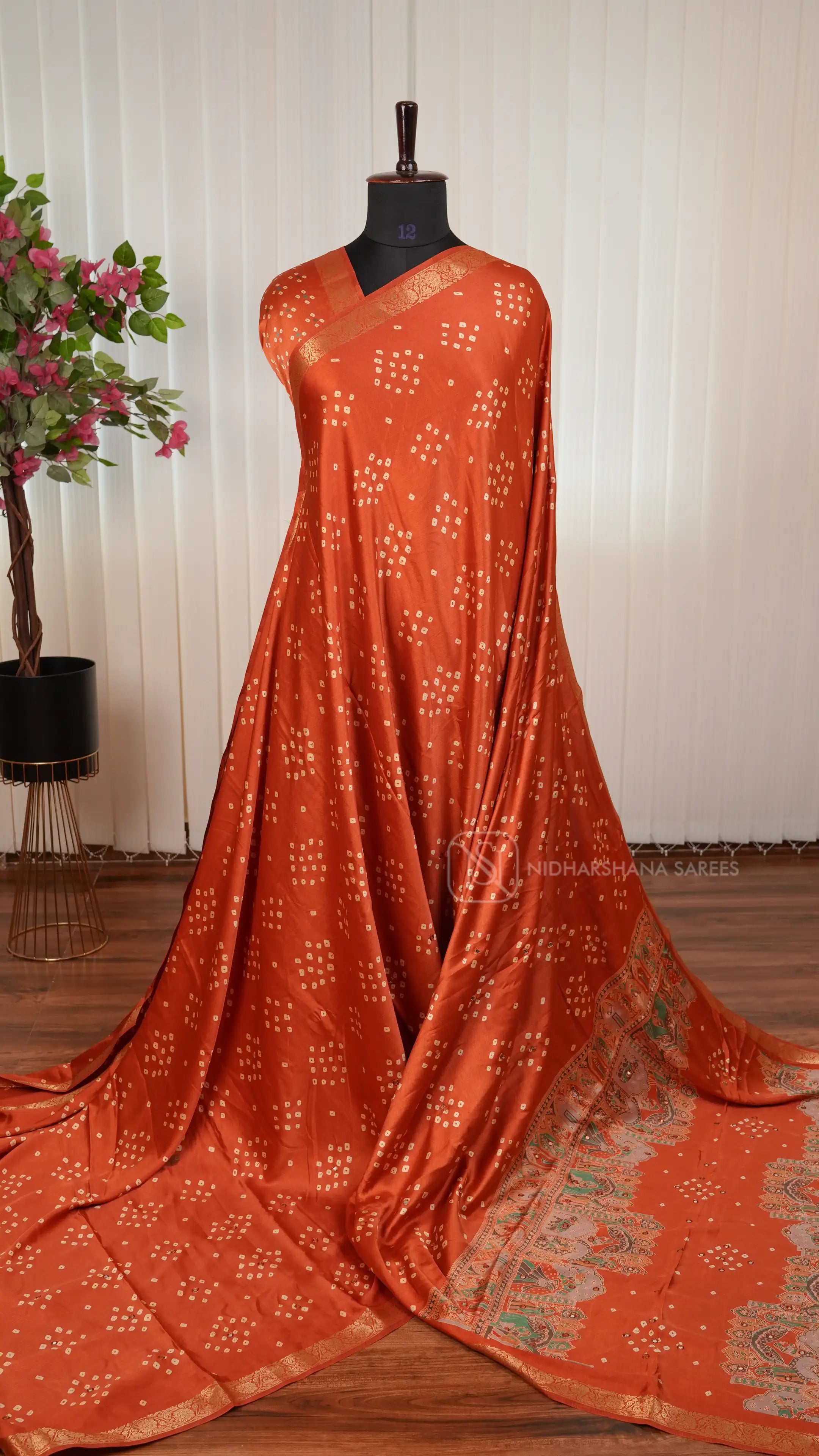 Semi Satin Silk Saree With Bandhini Print And Foil Mirror Work Concept