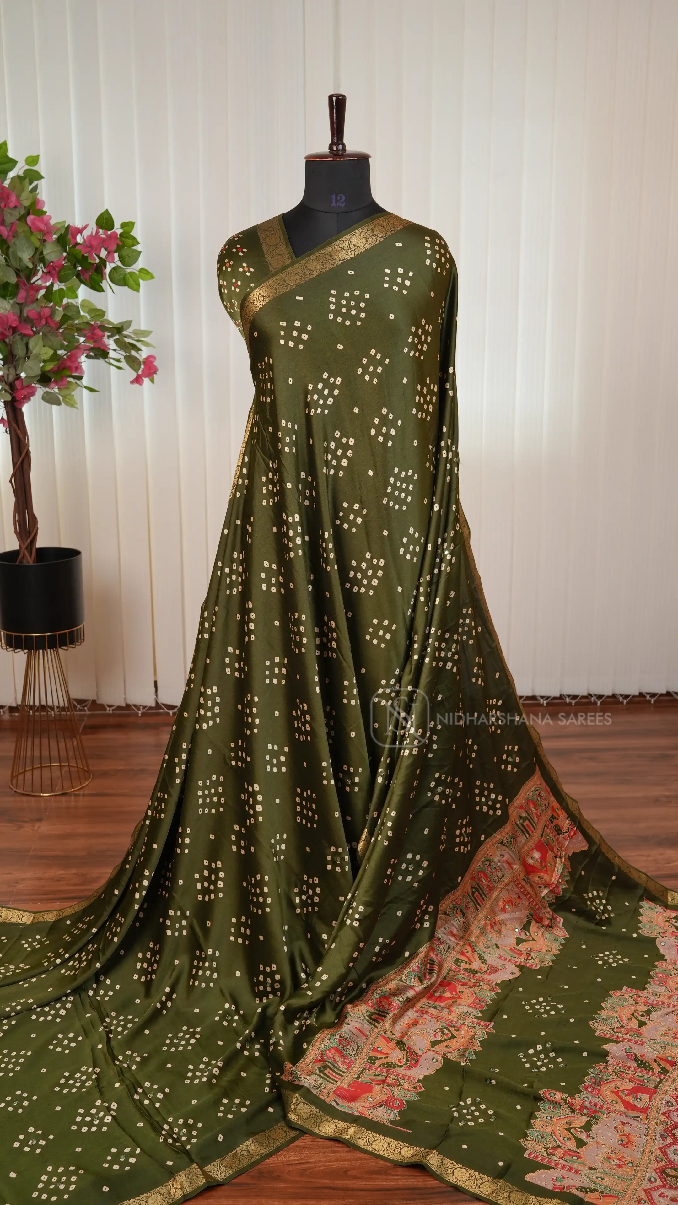 Semi Satin Silk Saree With Bandhini Print And Foil Mirror Work Concept