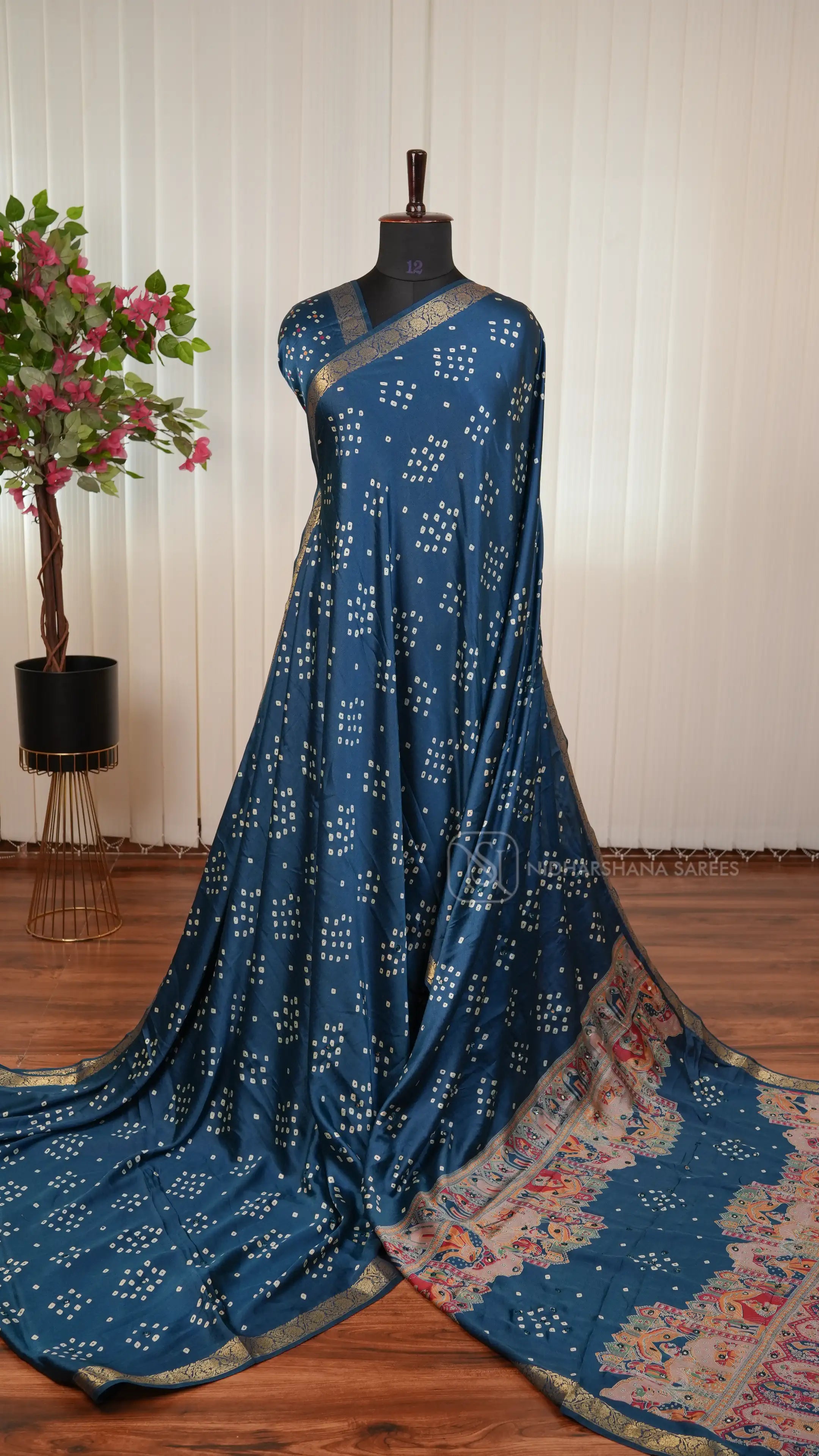 Semi Satin Silk Saree With Bandhini Print And Foil Mirror Work Concept