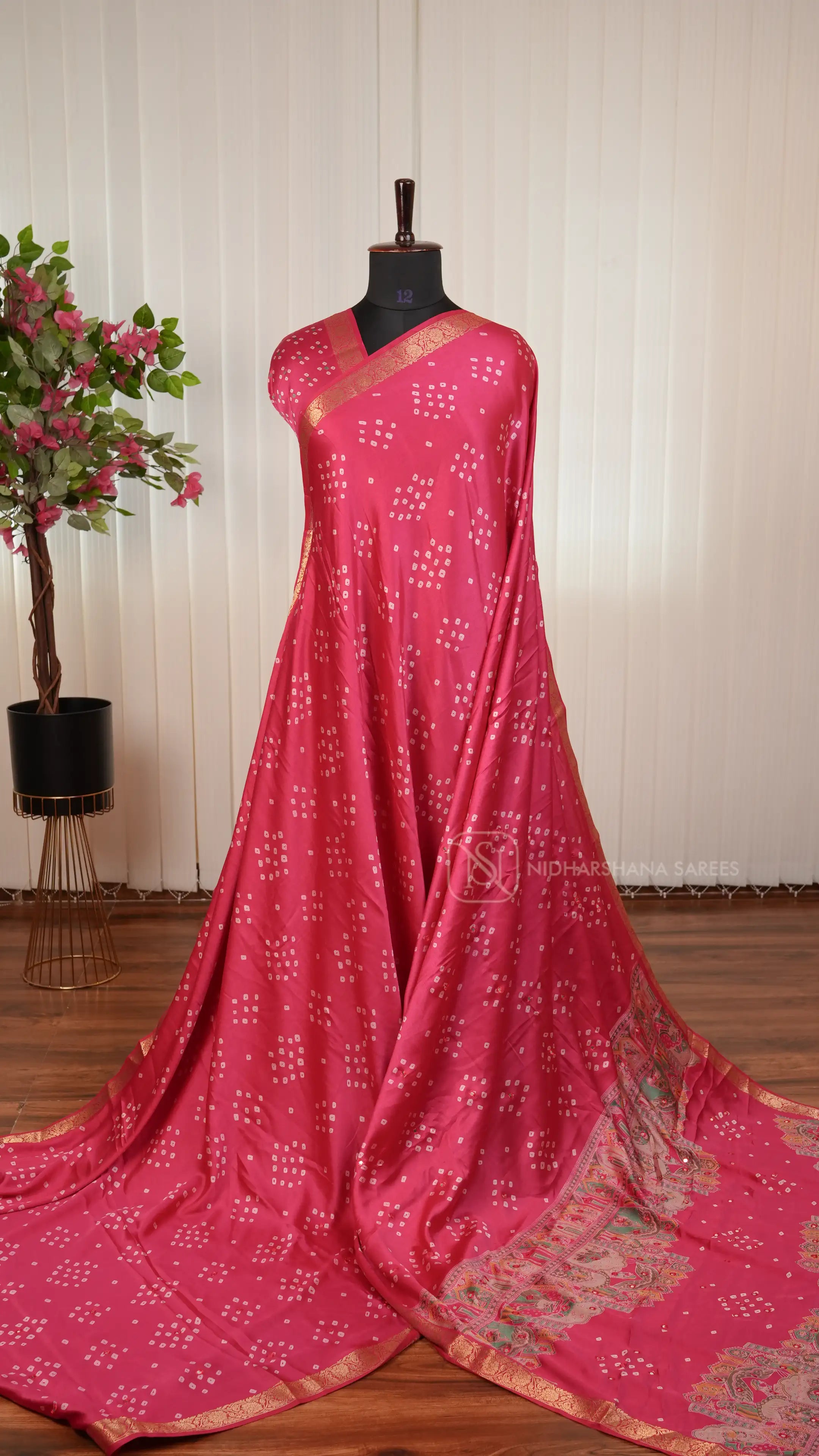 Semi Satin Silk Saree With Bandhini Print And Foil Mirror Work Concept
