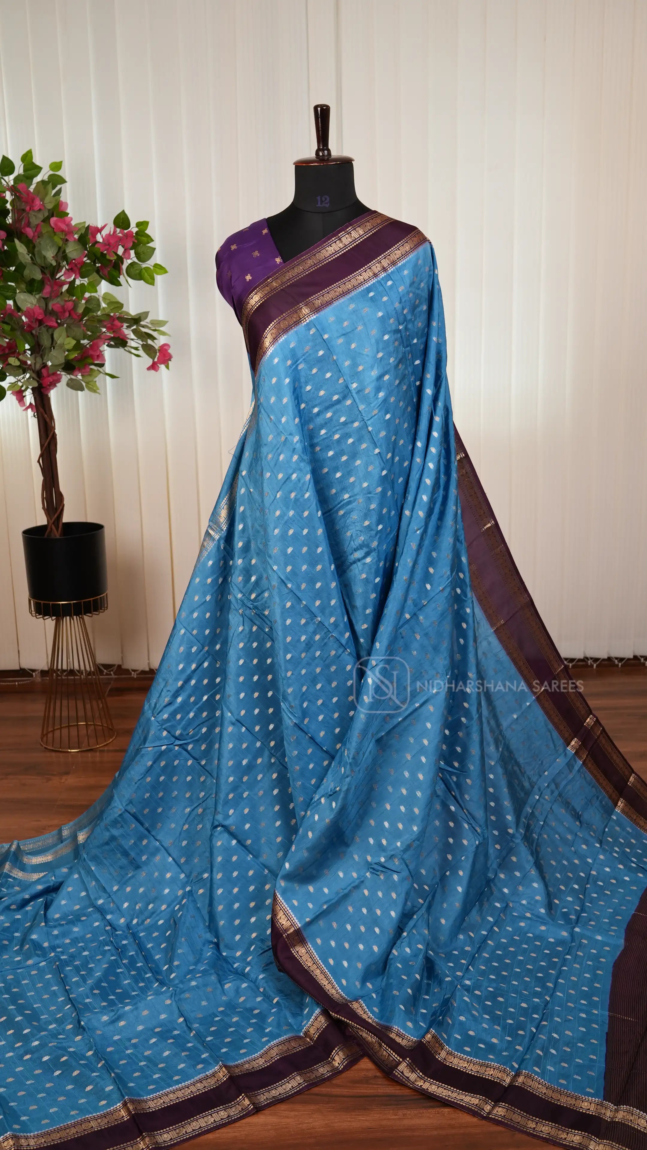 Tussar By Raw Silk With Siver And Gold Zari Butta And Gap Style Border
