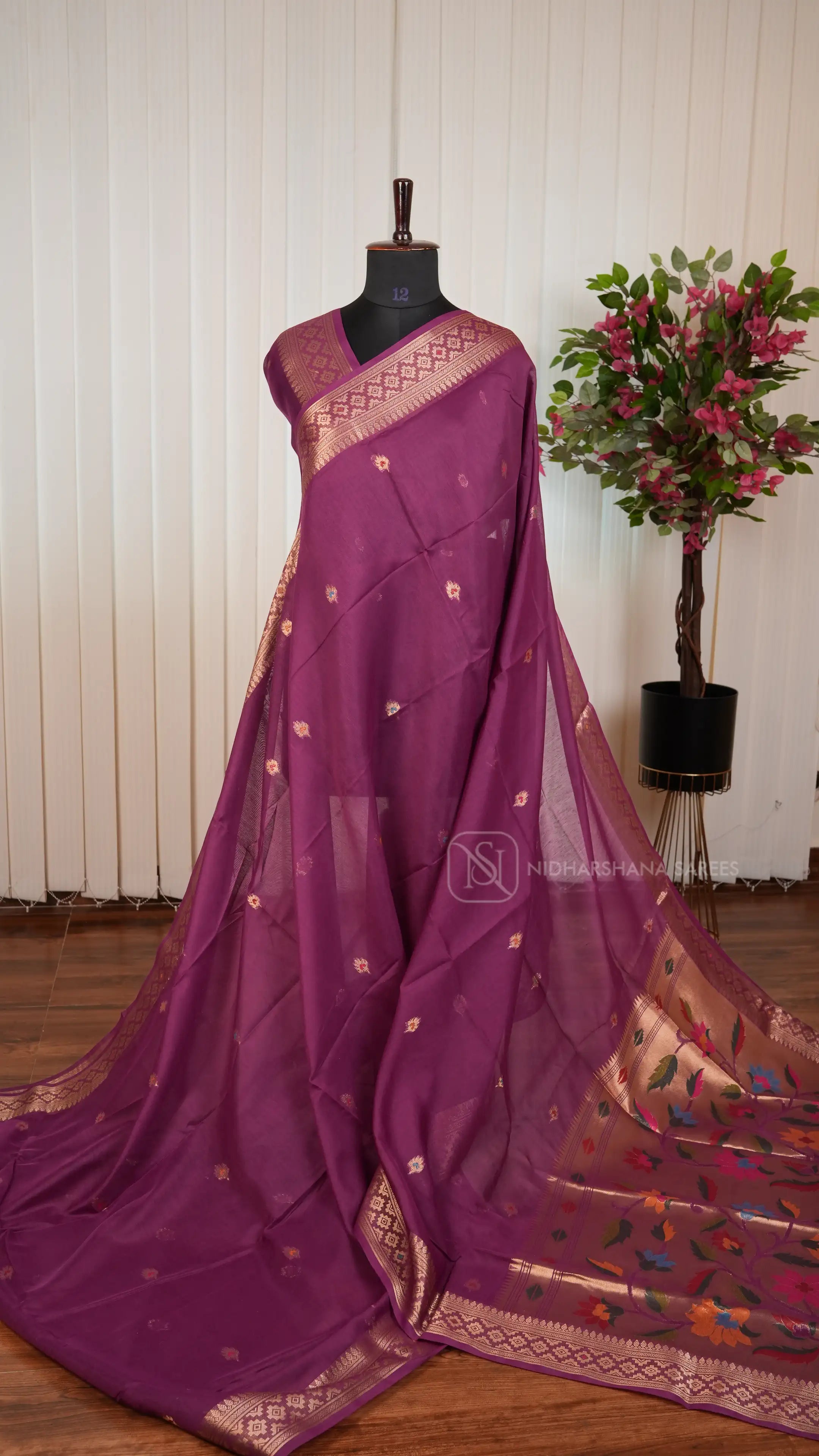 Semi Raw Silk With Meena Butta And Paithani Concept Woven Border