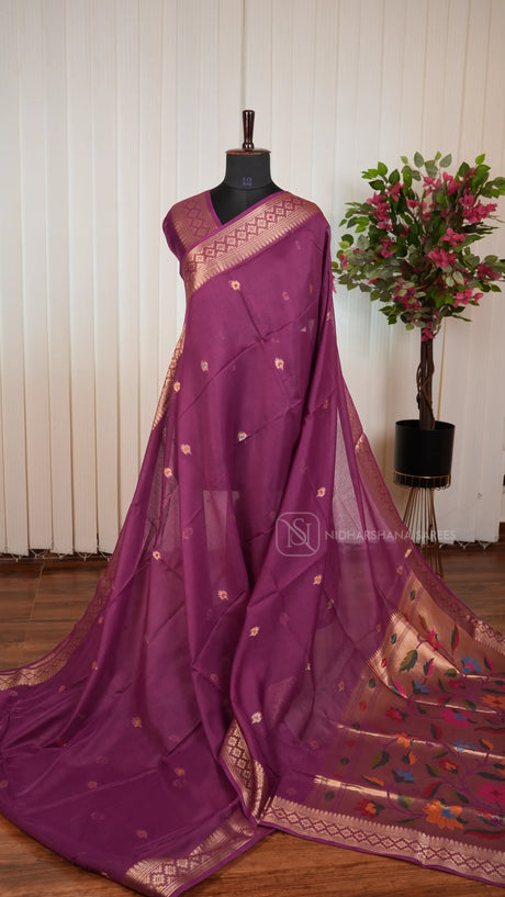 Semi Raw Silk With Meena Butta And Paithani Concept Woven Border