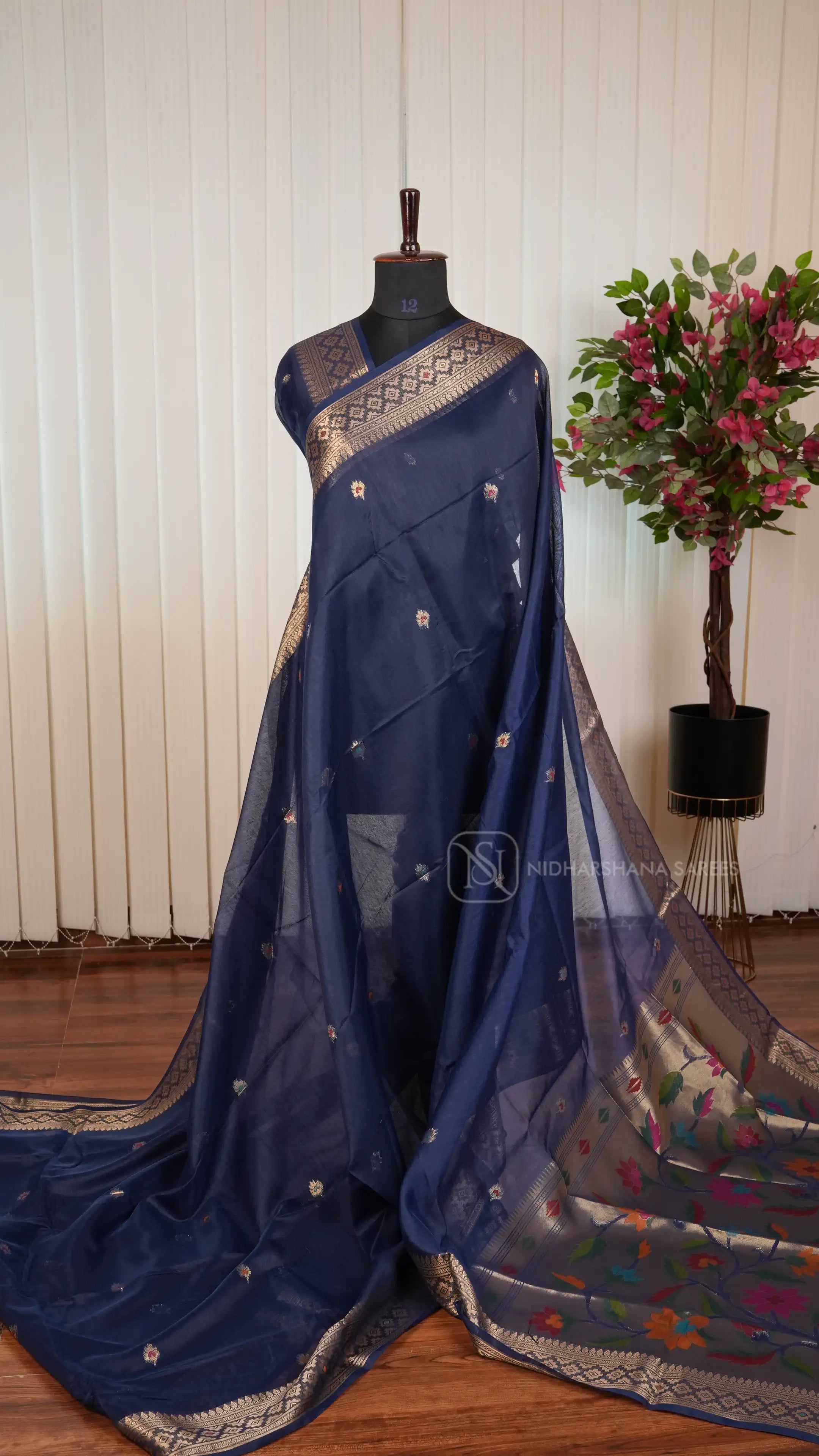 Semi Raw Silk With Meena Butta And Paithani Concept Woven Border