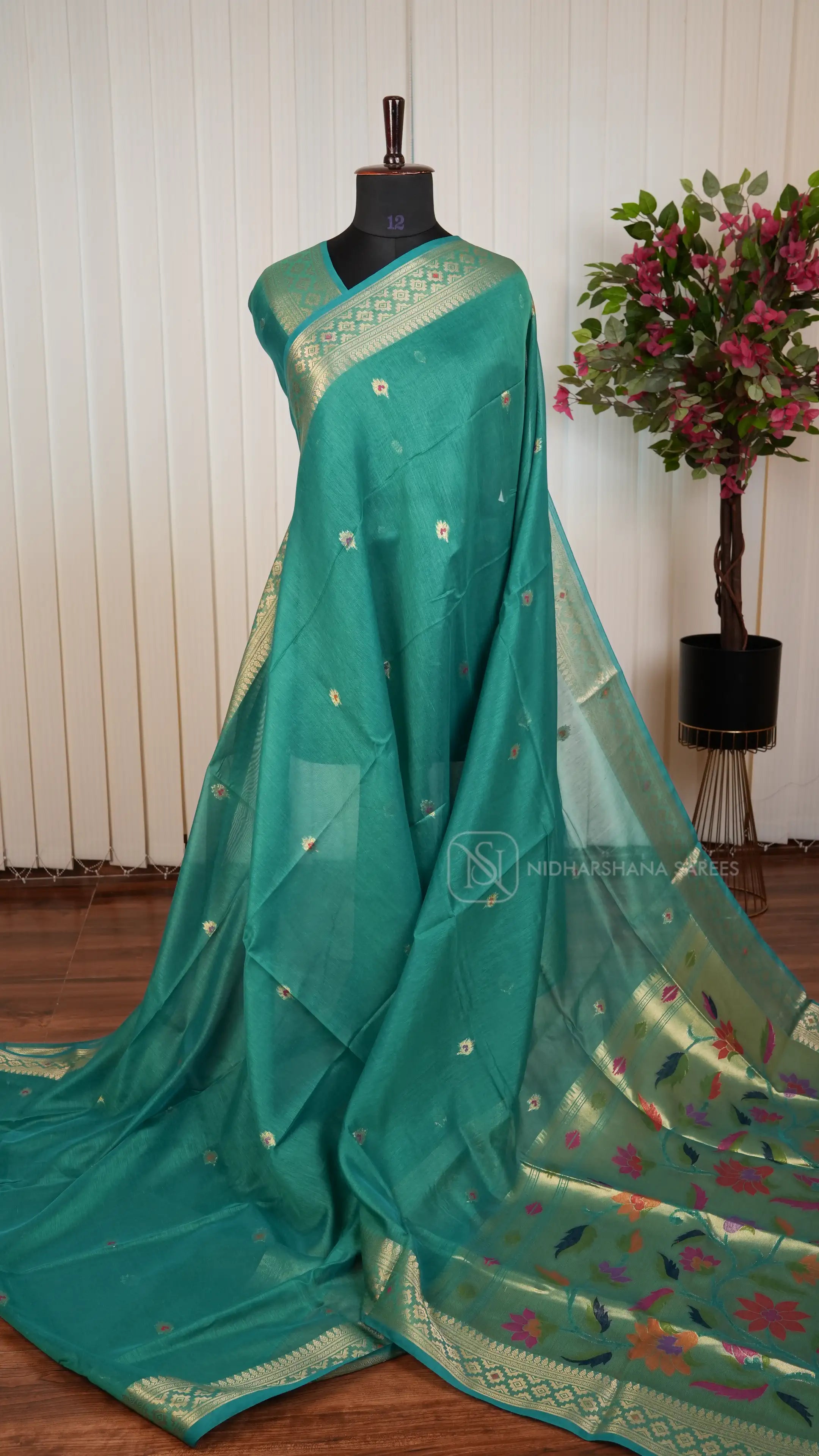 Semi Raw Silk With Meena Butta And Paithani Concept Woven Border