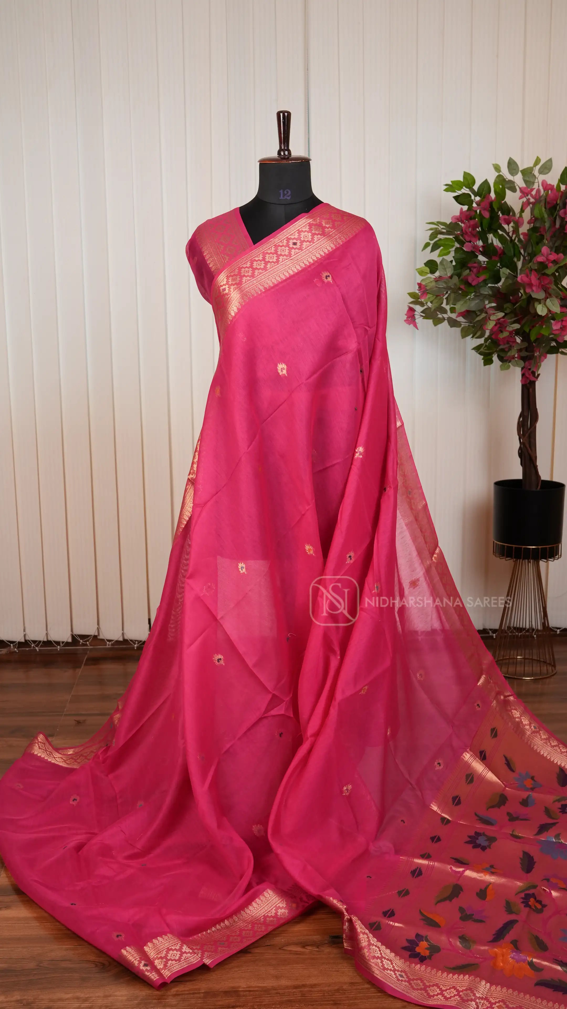 Semi Raw Silk With Meena Butta And Paithani Concept Woven Border