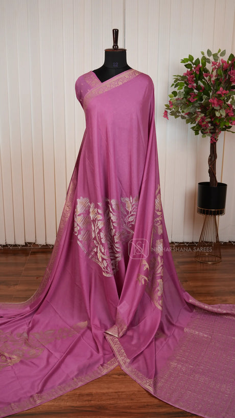 Banarasi Crepe Saree With Big Butta And Floral Zari Border