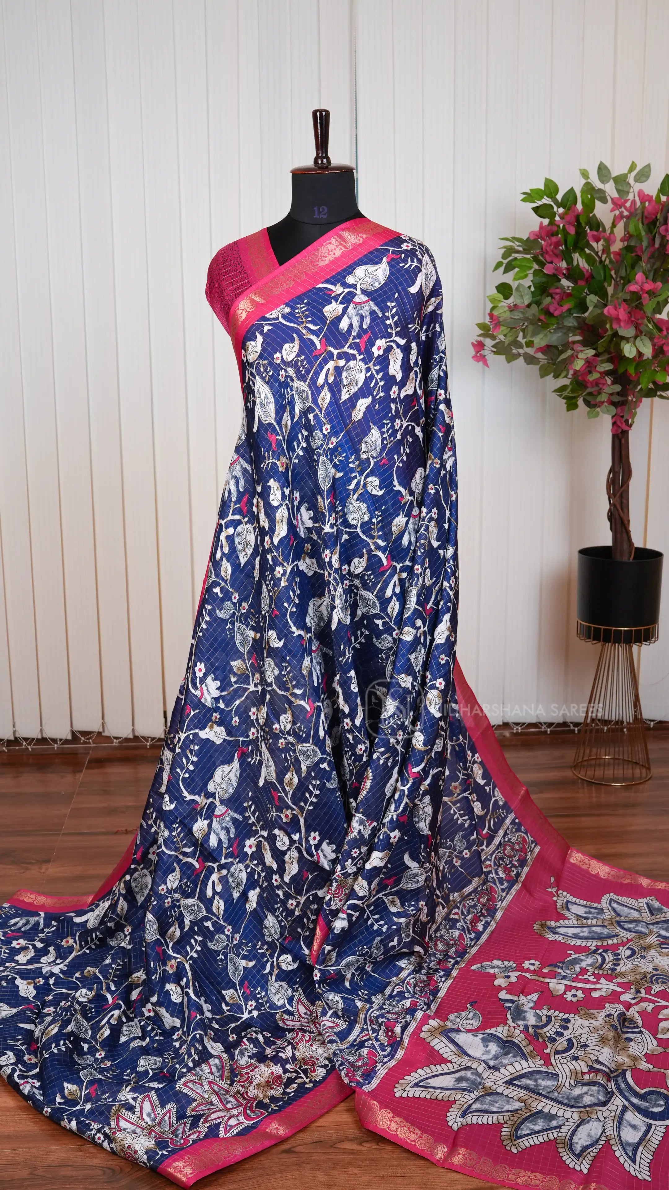 Semi Dola With Zari Checks And Kalamkari Print Concept