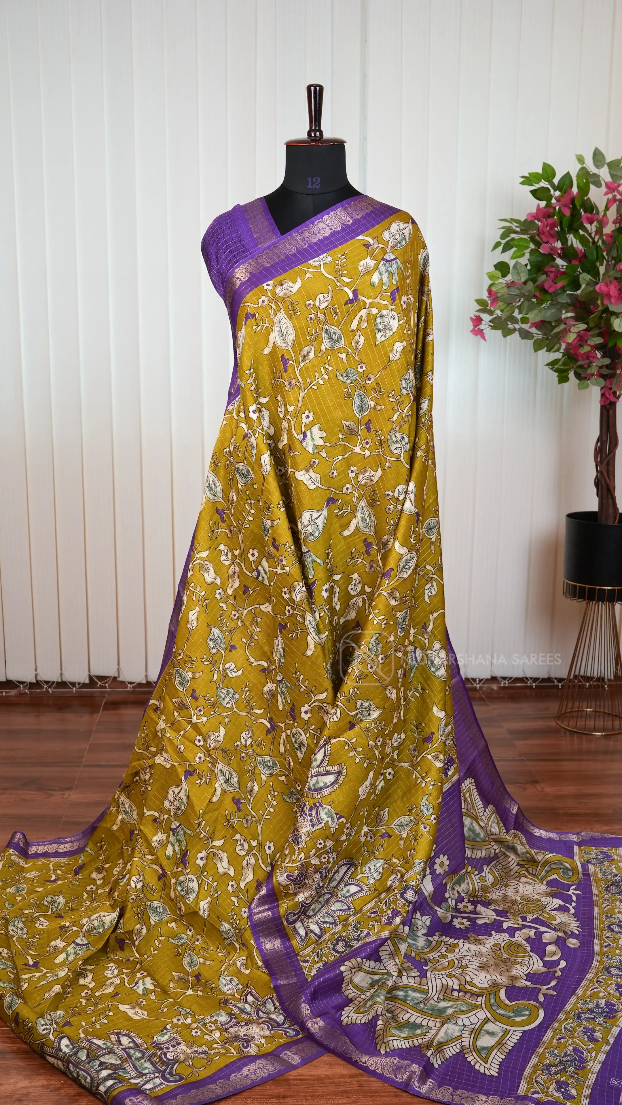 Semi Dola With Zari Checks And Kalamkari Print Concept