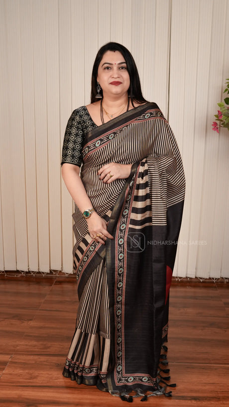 Semi Tussar Saree With Vertical Striped Printed Concept