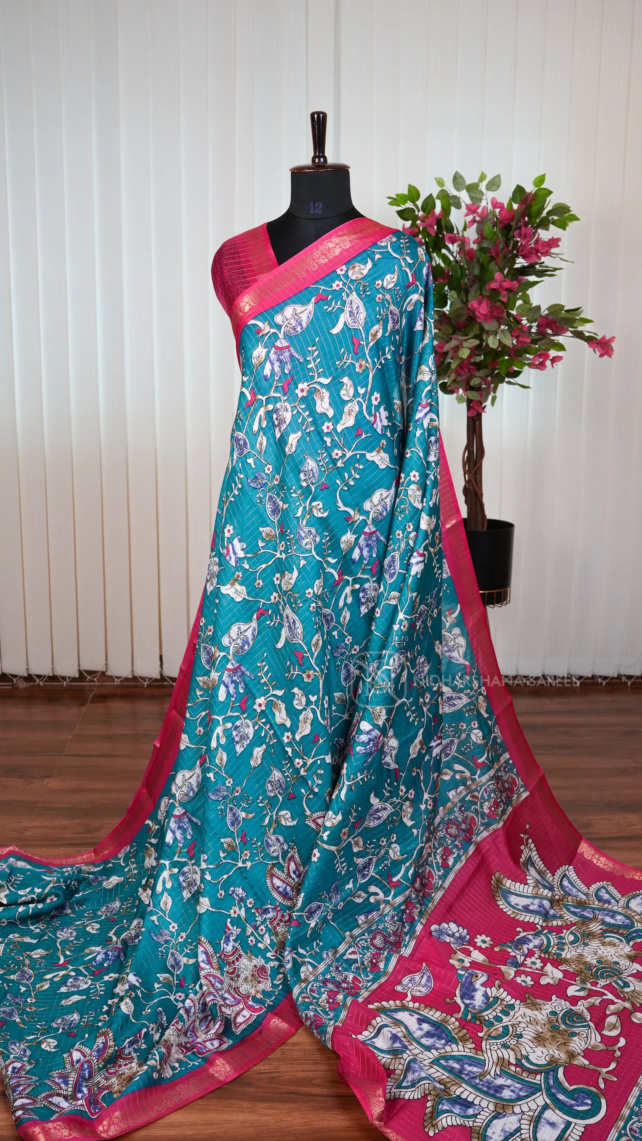Semi Dola With Zari Checks And Kalamkari Print Concept