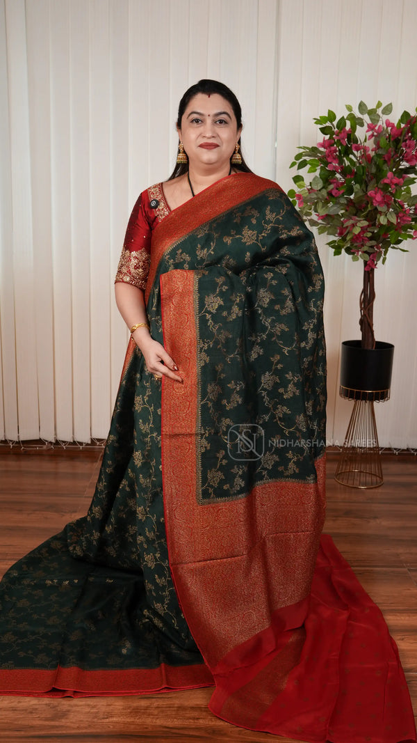Tussar Viscose Saree With Antic Zari Woven Concept And Contrast Zari Border