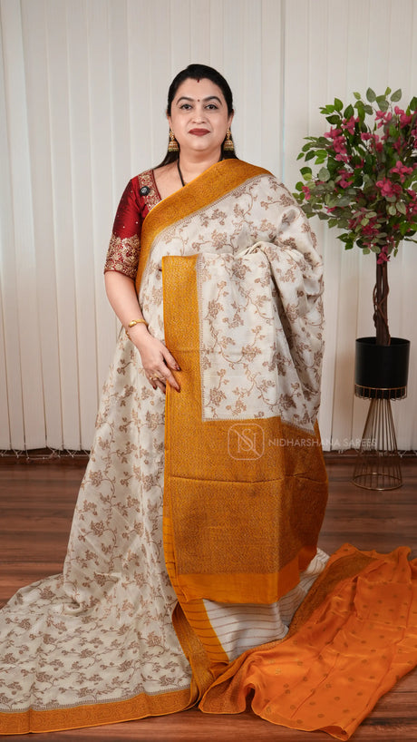 Tussar Viscose Saree With Antic Zari Woven Concept And Contrast Zari Border