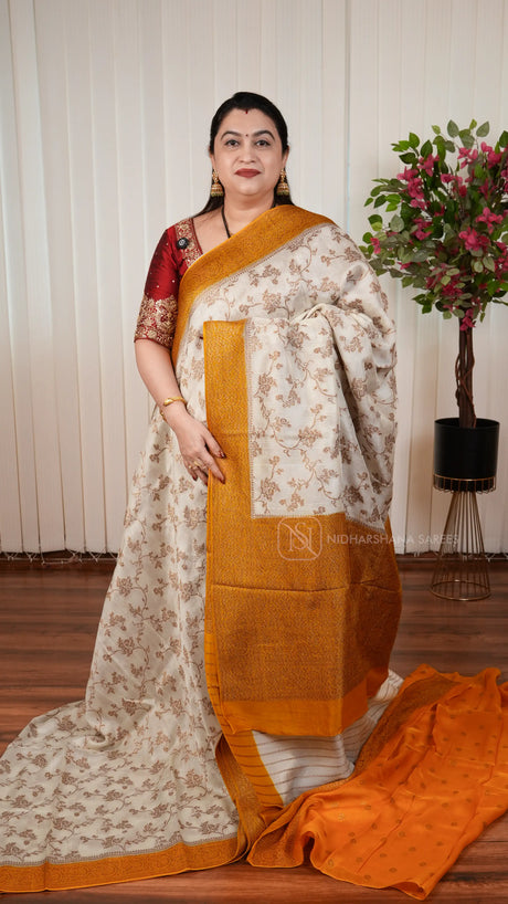 Tussar Viscose Saree With Antic Zari Woven Concept And Contrast Zari Border
