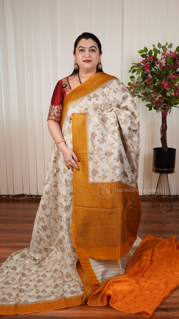 Tussar Viscose Saree With Antic Zari Woven Concept And Contrast Zari Border