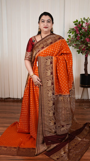Semi Georgette Saree With Zari Butta And Elephant Weaving Contrast Border