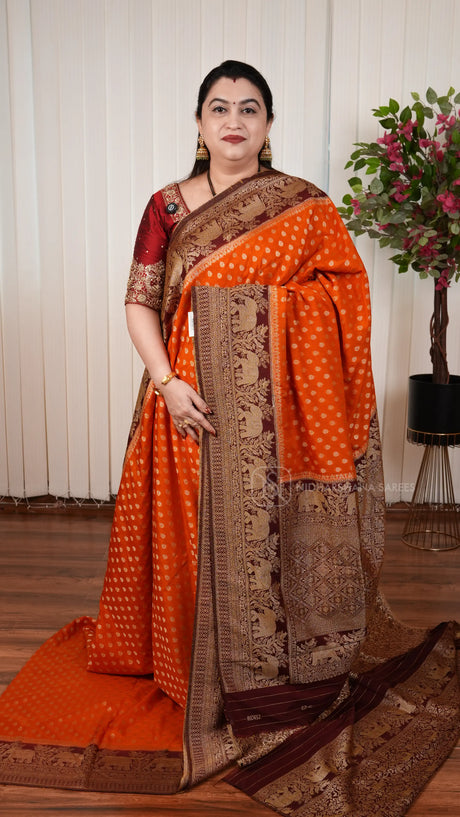 Semi Georgette Saree With Zari Butta And Elephant Weaving Contrast Border