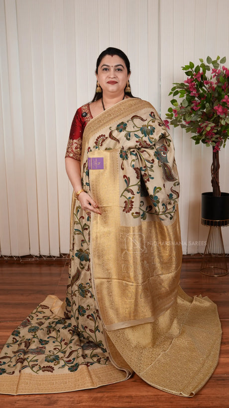 Pure Viscose Silk Saree With Aari Work And Pita Work Concept