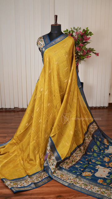 Tussar Cotton With Zari Peacock And Elephant Motifs  And Pichwai Print Border