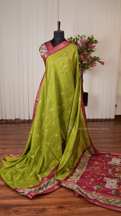 Tussar Cotton With Zari Peacock And Elephant Motifs  And Pichwai Print Border