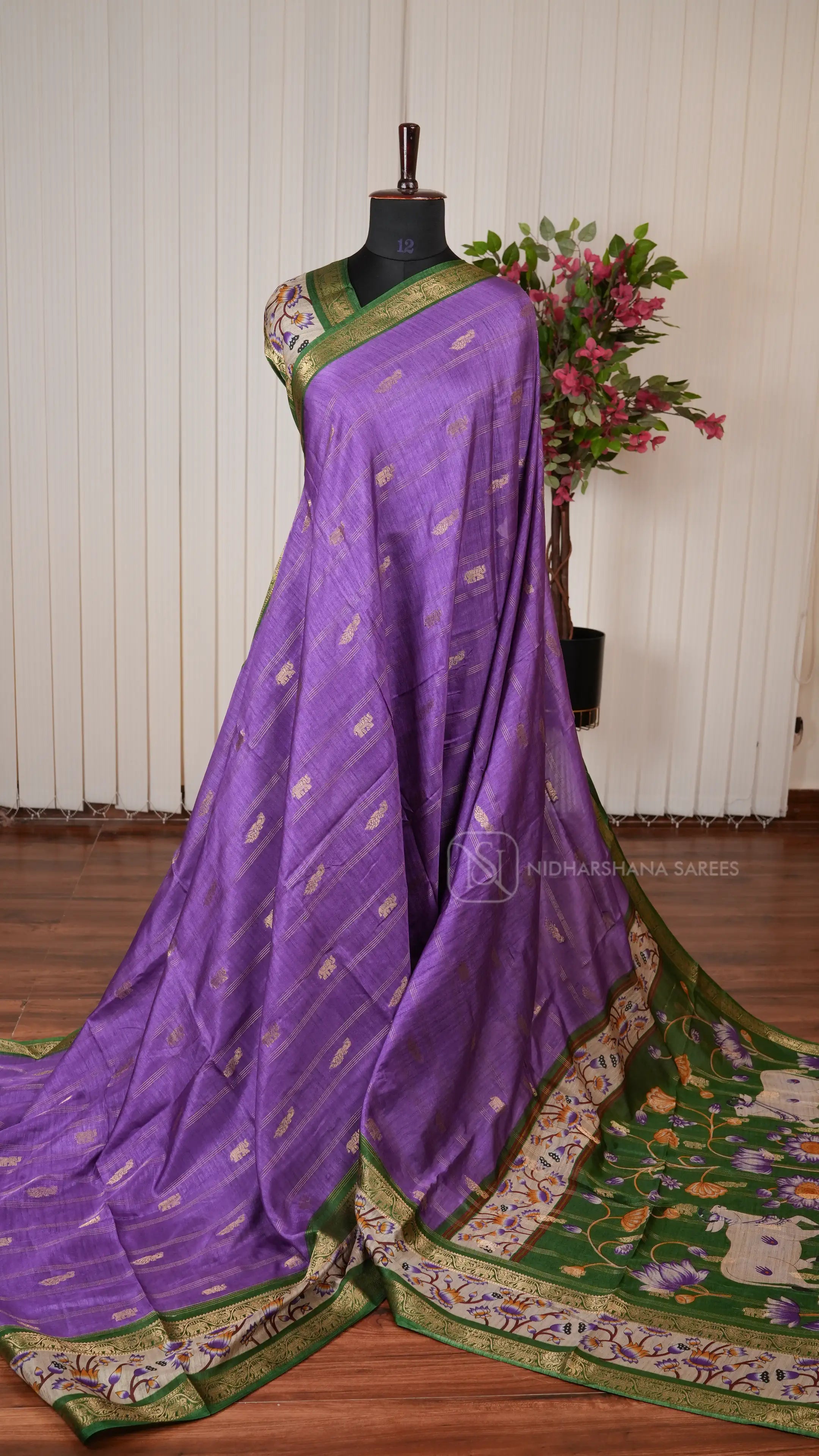 Tussar Cotton With Zari Peacock And Elephant Motifs  And Pichwai Print Border