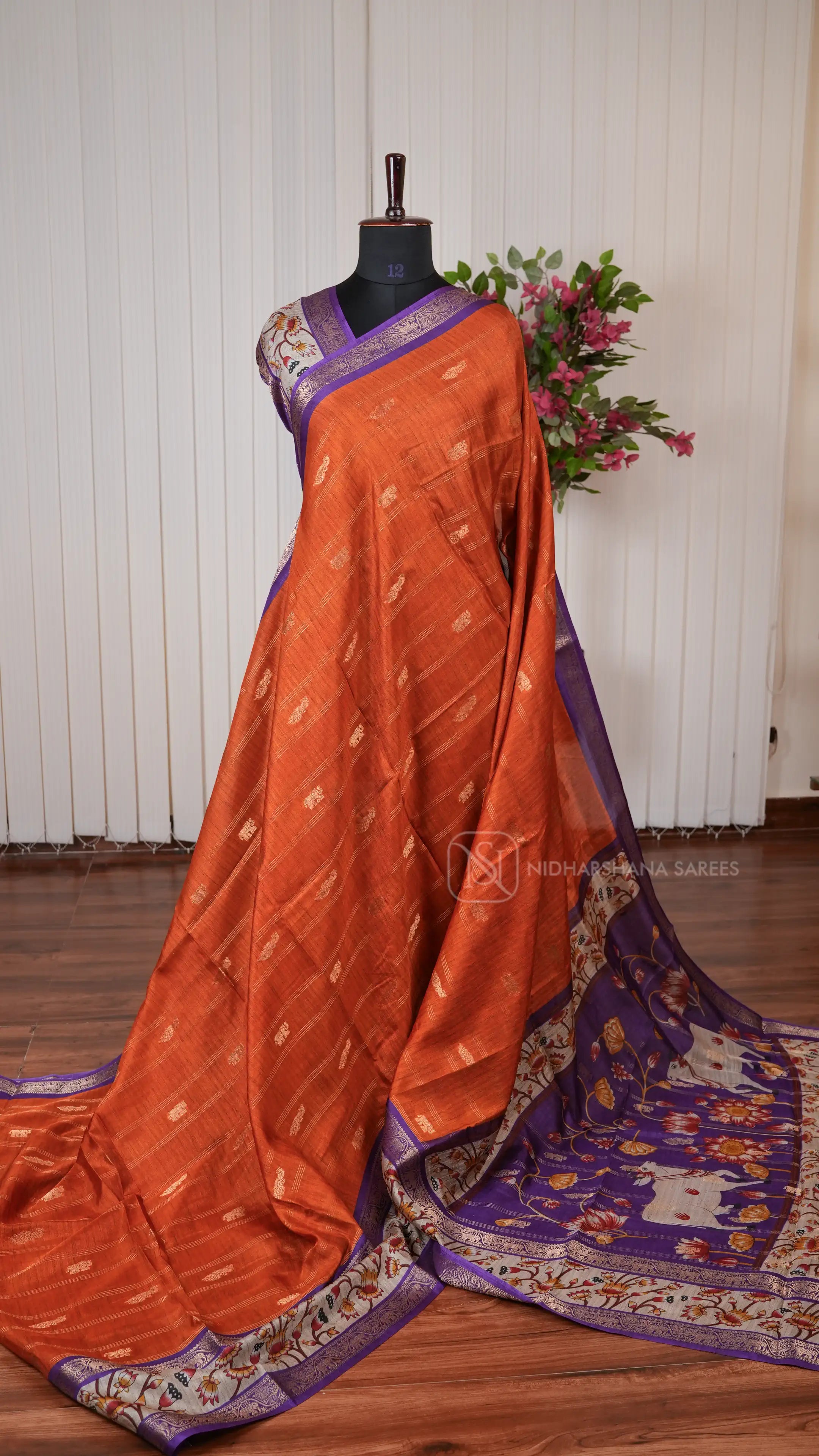 Tussar Cotton With Zari Peacock And Elephant Motifs  And Pichwai Print Border