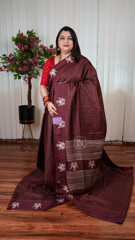 Semi Tussar With Zari Checks And Digital Print Border