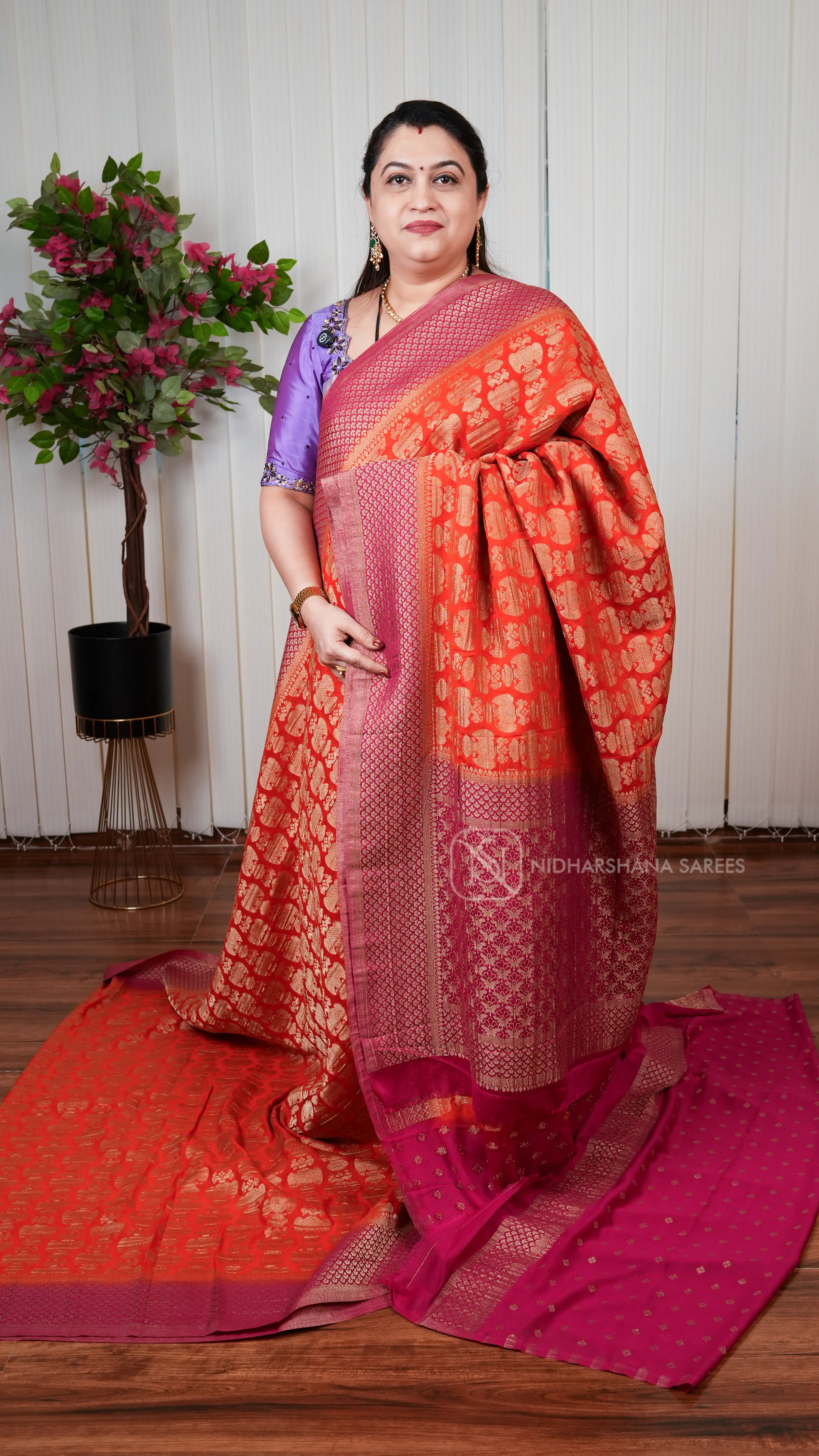 Crepe Georgette With Zari Gandaberunda Concept And Contrast Border