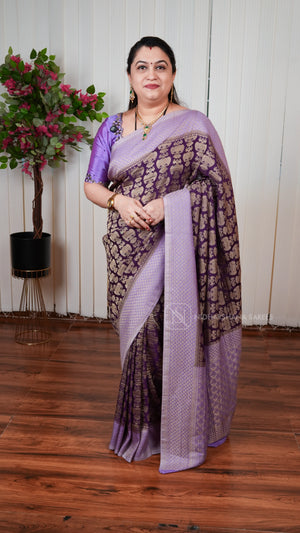 Crepe Georgette With Zari Gandaberunda Concept And Contrast Border