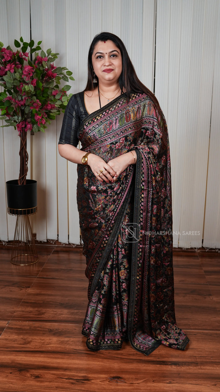 Georgette Brasso With Floral Foil Print Concept And Swaroski Stone Concept