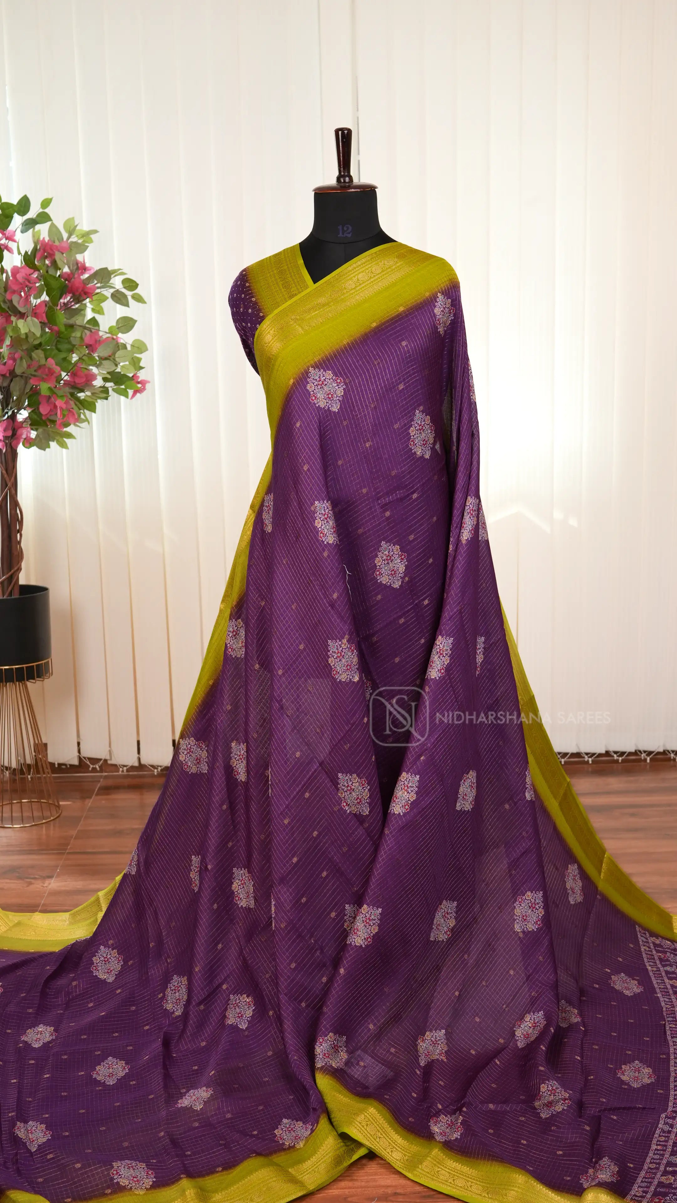 Muslin Georgette With Zari Checks And Floral Digital Print Butta