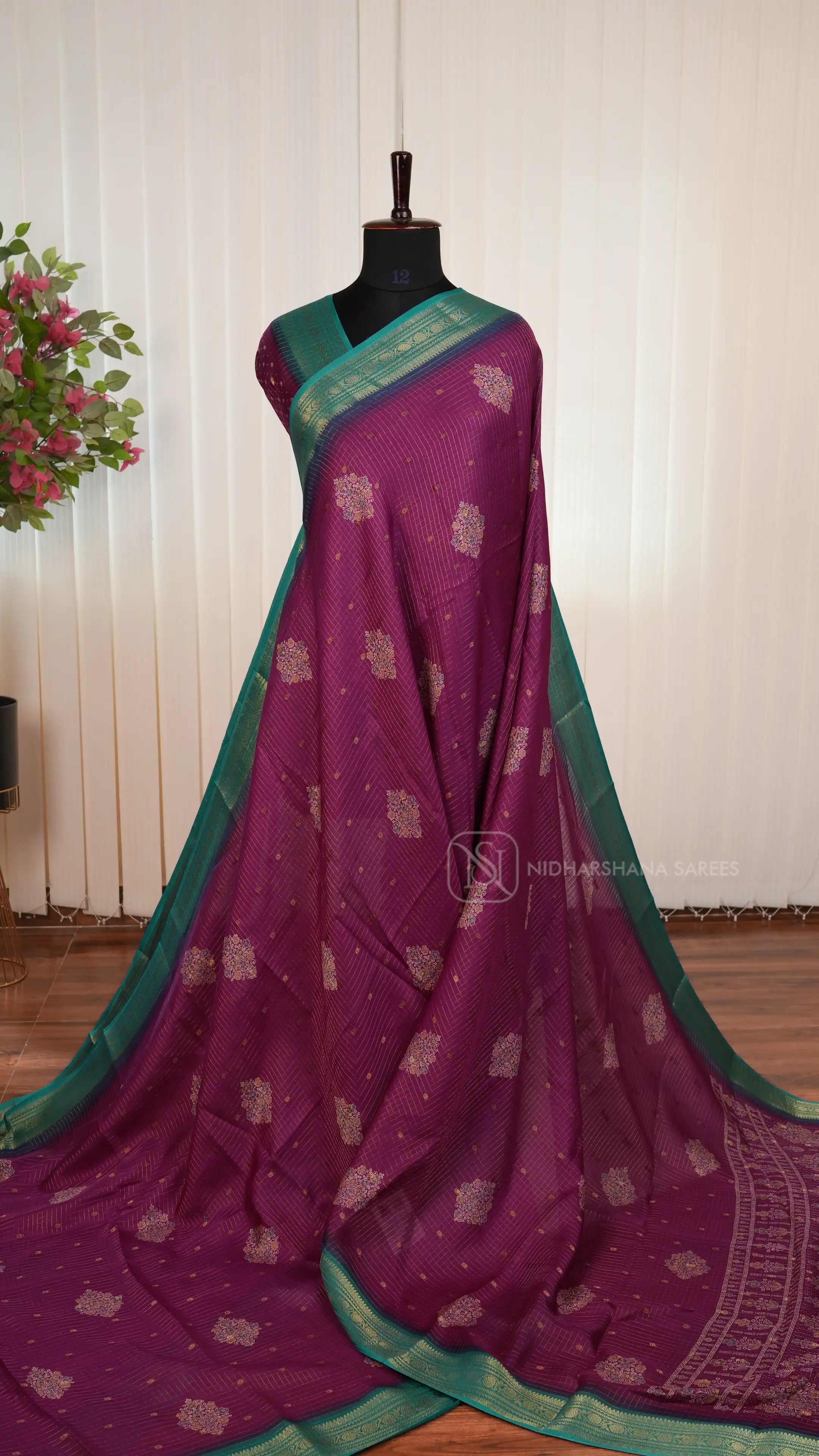 Muslin Georgette With Zari Checks And Floral Digital Print Butta