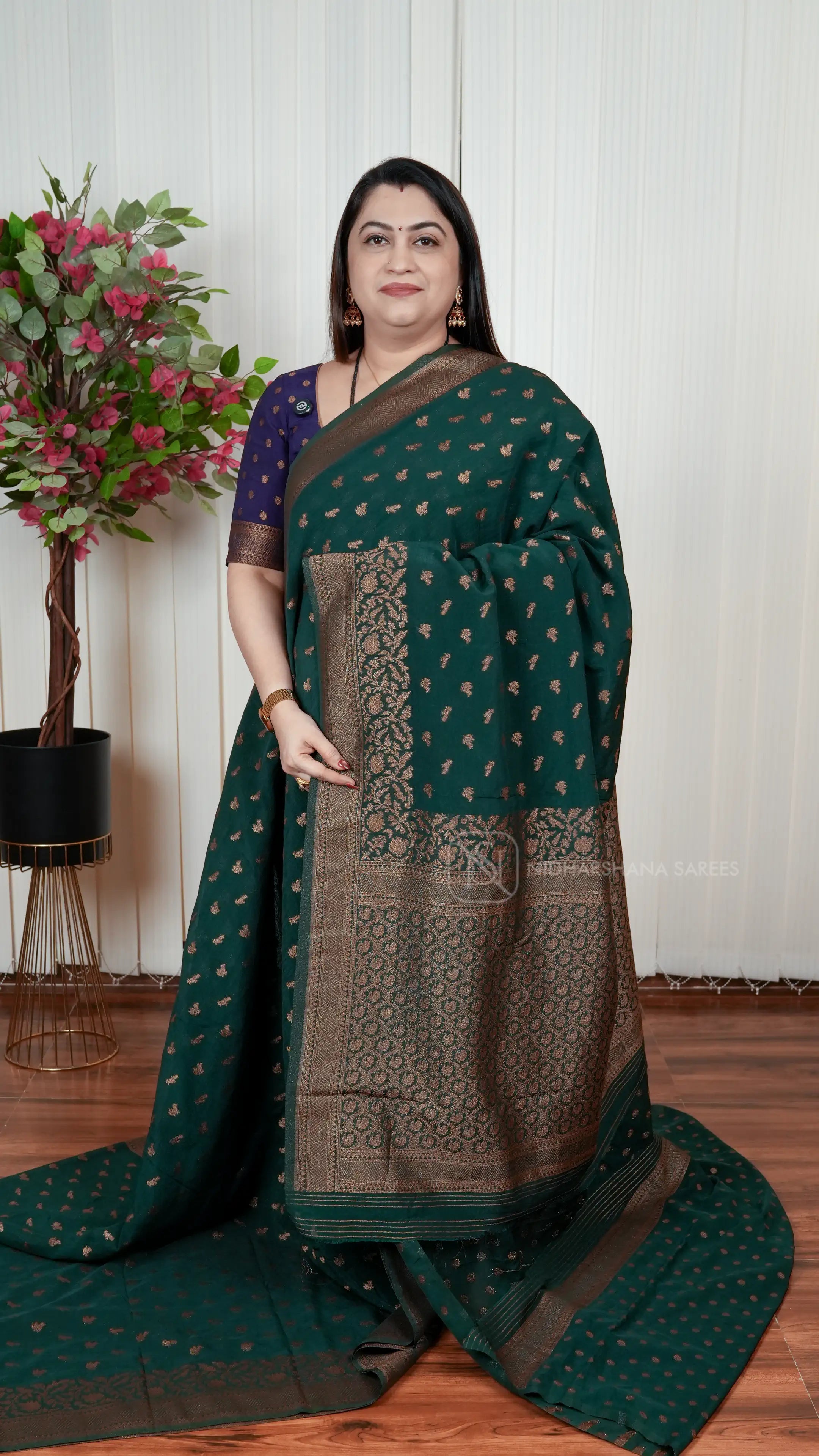 Semi Banarasi Georgette With Antic Zari Bird Weaving Butta And Zari Weaving Border