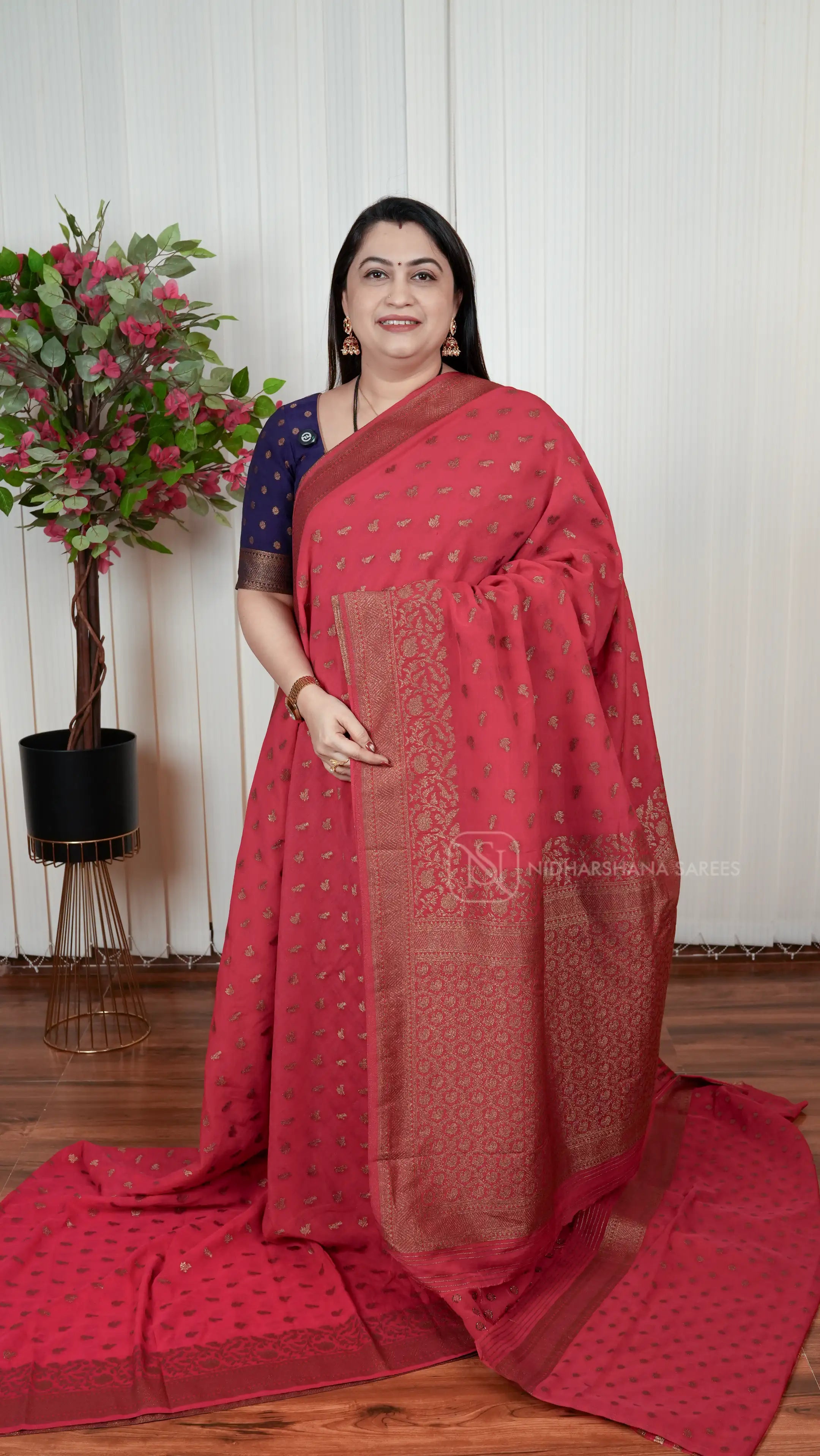 Semi Banarasi Georgette With Antic Zari Bird Weaving Butta And Zari Weaving Border