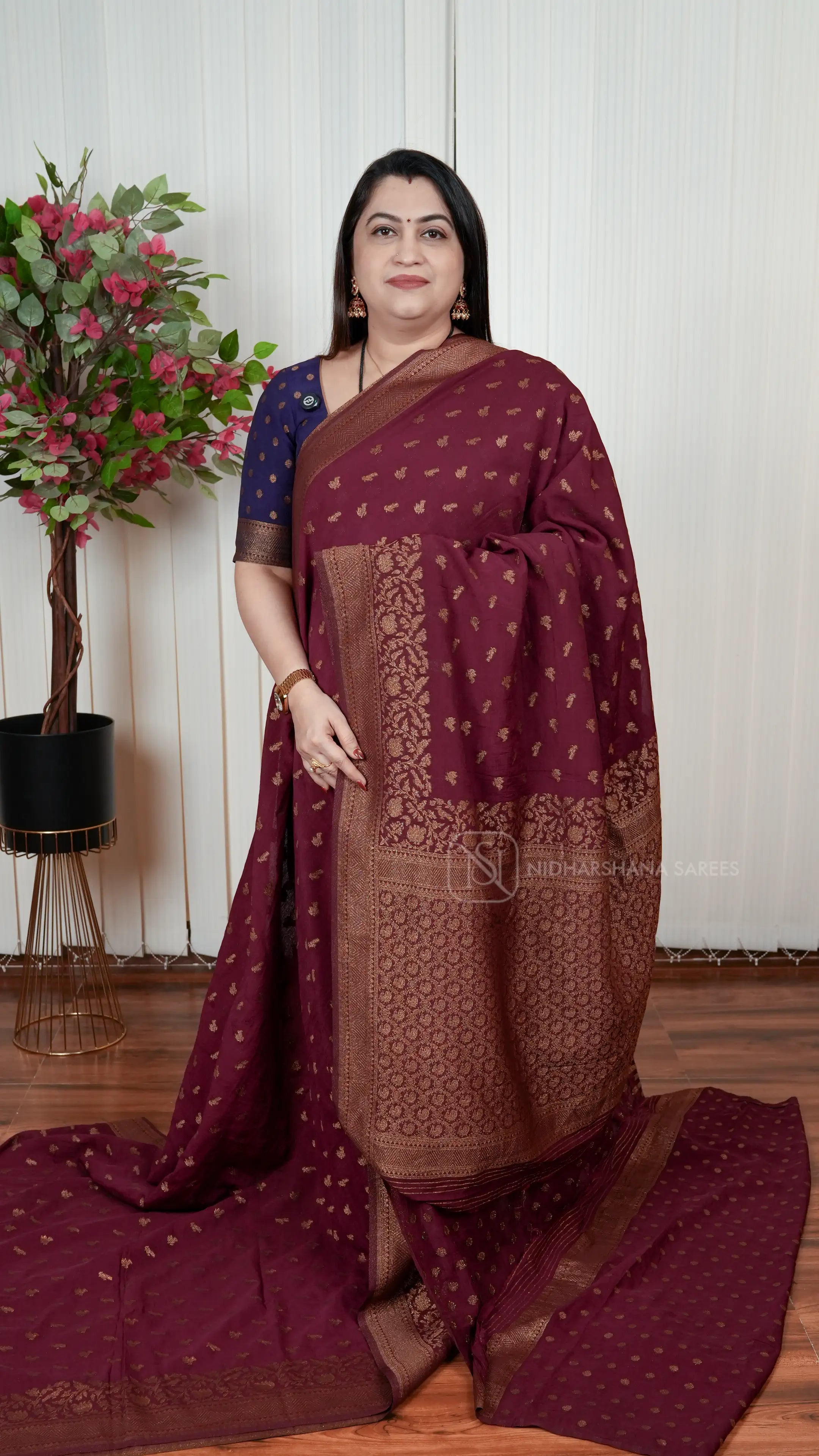 Semi Banarasi Georgette With Antic Zari Bird Weaving Butta And Zari Weaving Border
