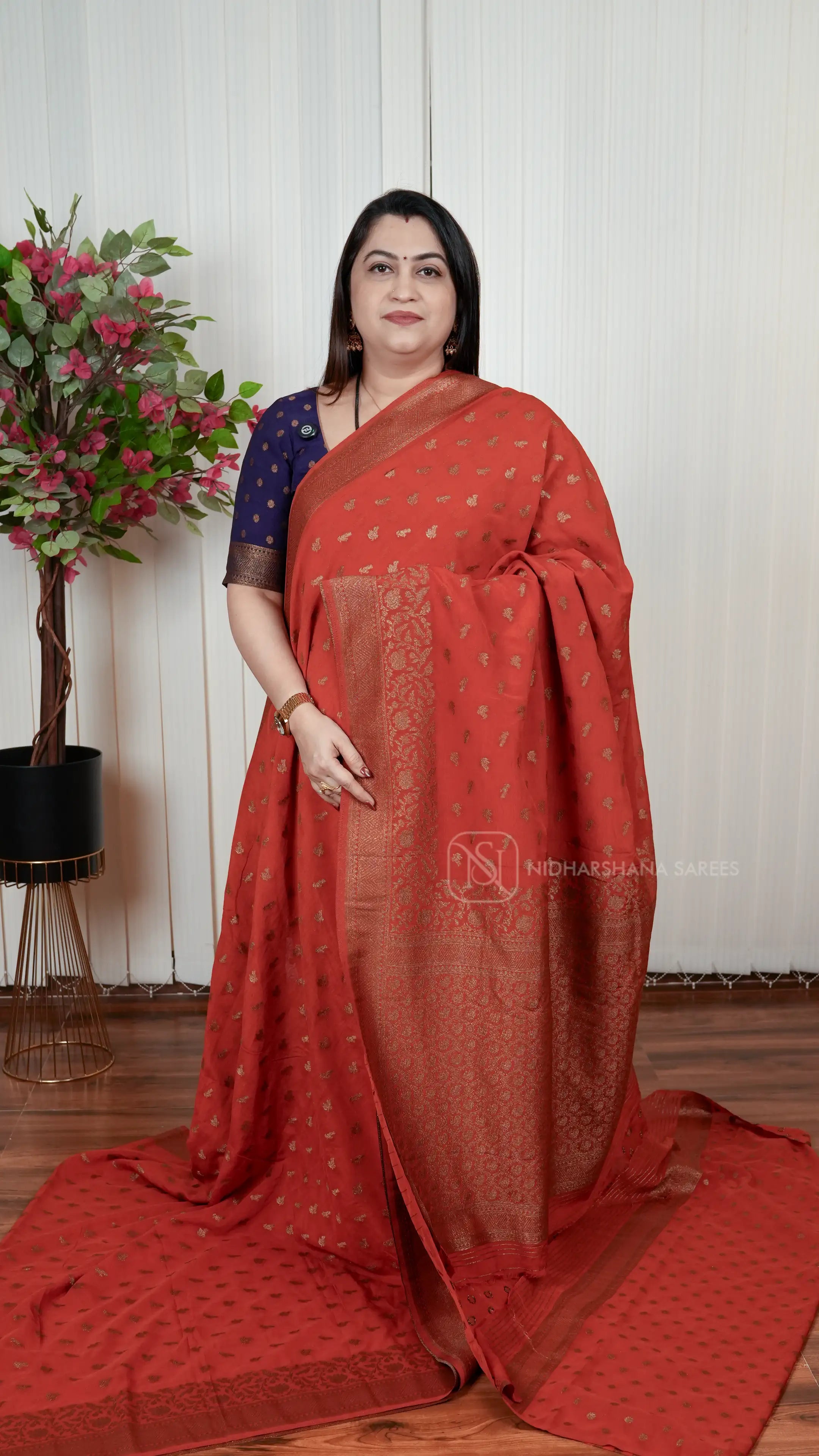 Semi Banarasi Georgette With Antic Zari Bird Weaving Butta And Zari Weaving Border