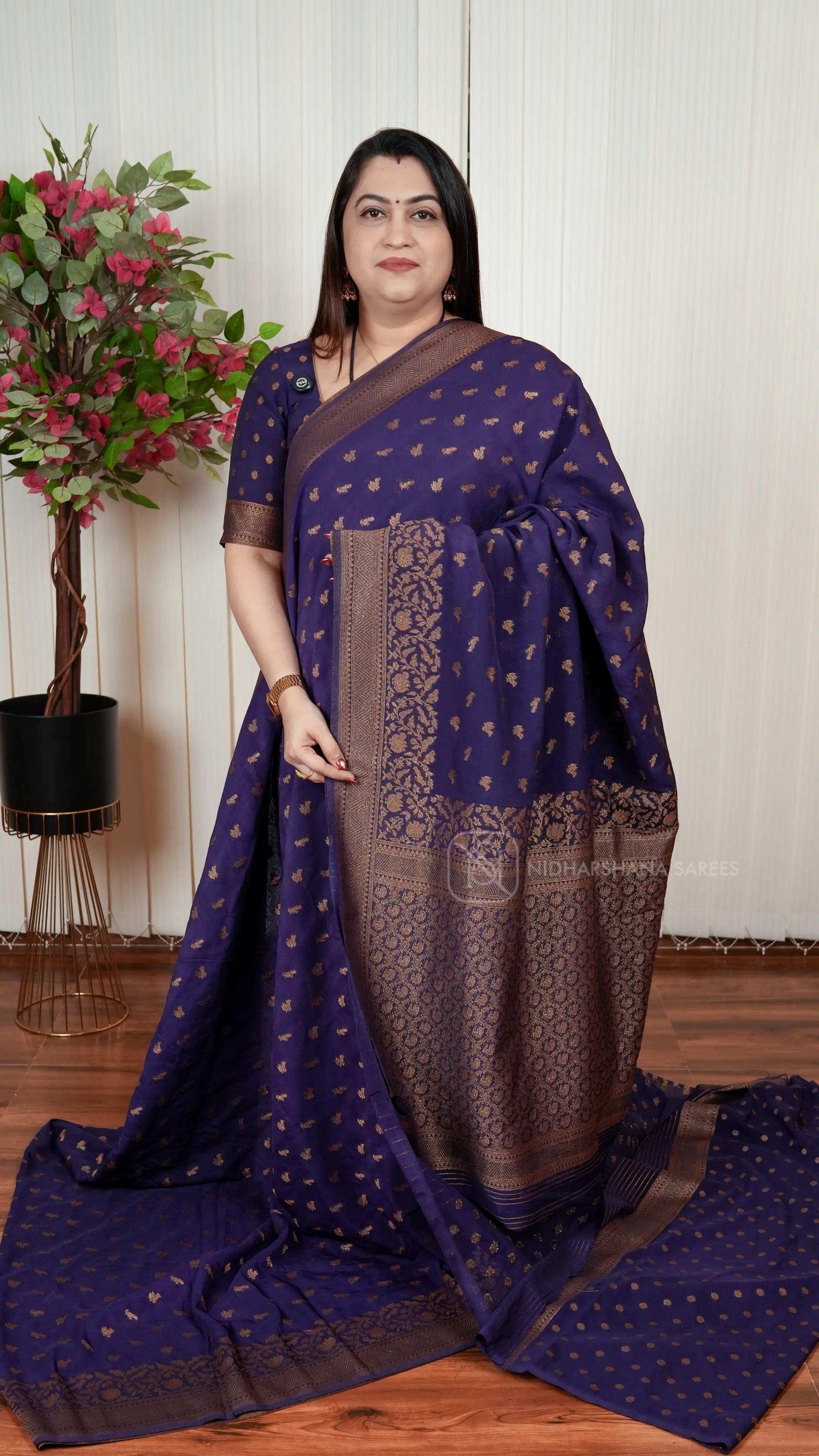 Semi Banarasi Georgette With Antic Zari Bird Weaving Butta And Zari Weaving Border