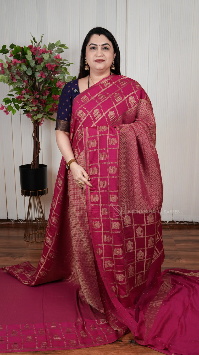Crush Georgette Saree With Zari Checks And Temple Motif Weaving Border