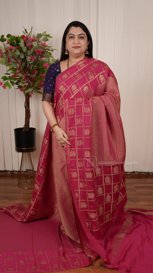 Crush Georgette Saree With Zari Checks And Temple Motif Weaving Border