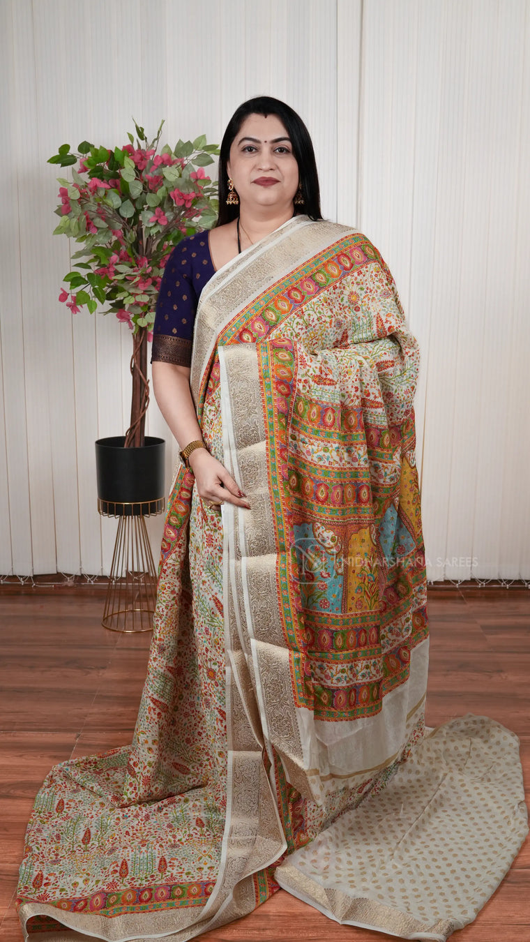 Semi Georgette Saree With Foil Print Concept And Zari Border