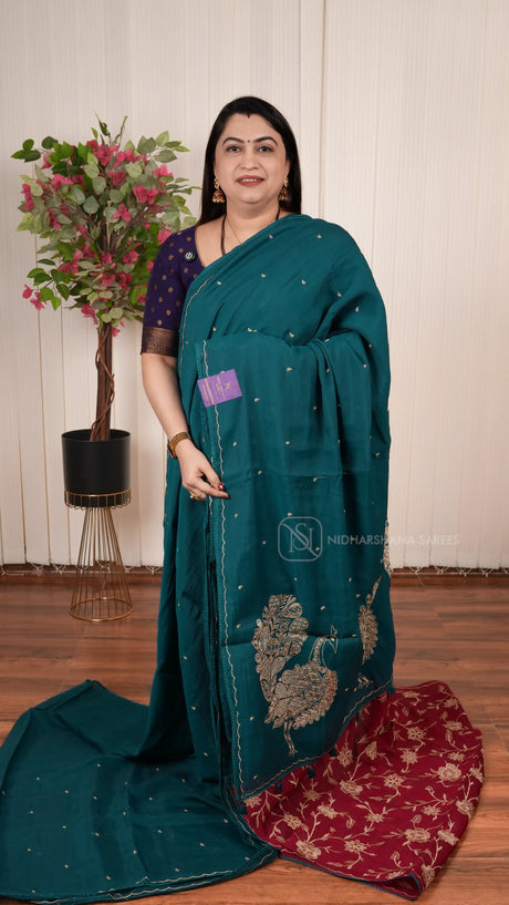 Viscose Silk Saree With Embroidery Butta And Peacock Concept Embroidery Pallu