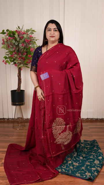Viscose Silk Saree With Embroidery Butta And Peacock Concept Embroidery Pallu