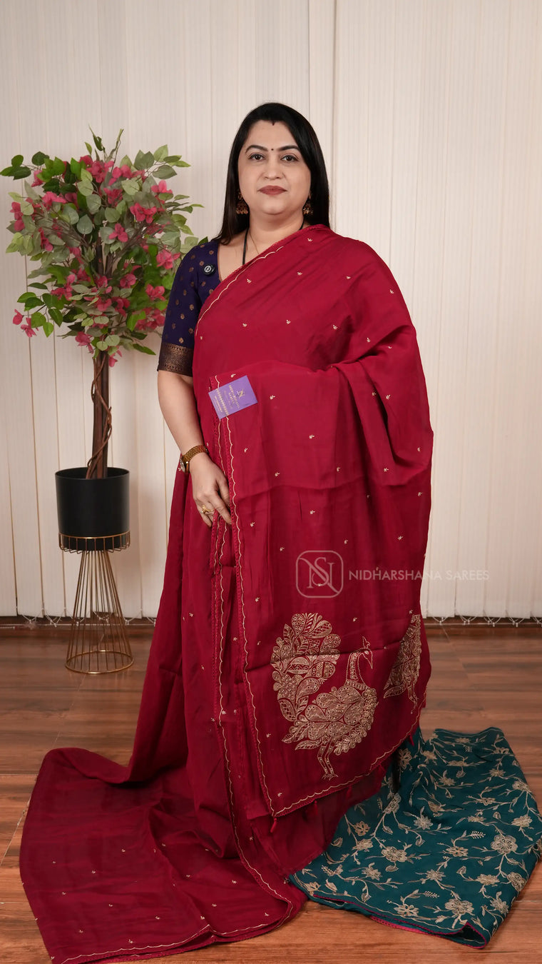 Viscose Silk Saree With Embroidery Butta And Peacock Concept Embroidery Pallu