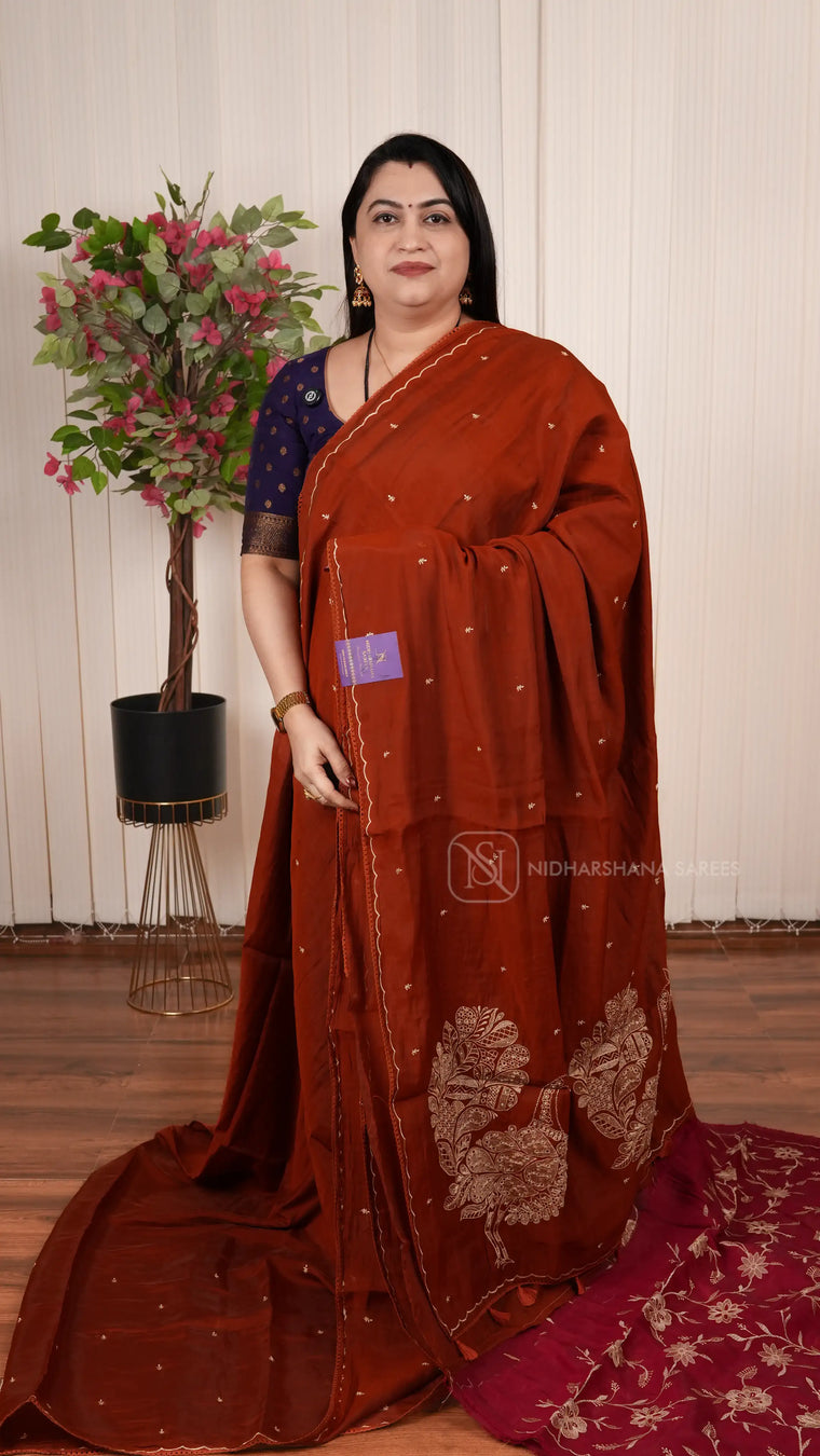 Viscose Silk Saree With Embroidery Butta And Peacock Concept Embroidery Pallu