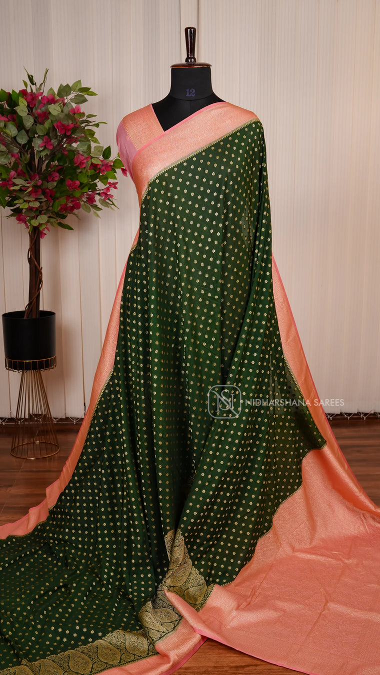 Crepe Georgette Saree With Zari Butta And Mango Motif Zari Contrast Border