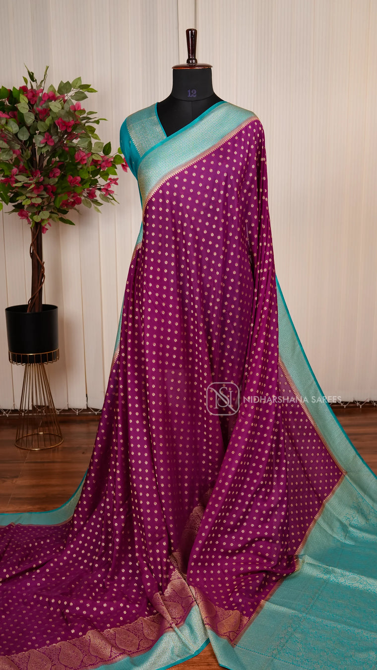 Crepe Georgette Saree With Zari Butta And Mango Motif Zari Contrast Border